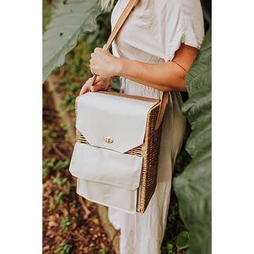 PICNIC TIME Corsica Wine and Cheese Picnic Basket - Wine Tote Bag - Gift for Wine Lovers, (Beige Canvas), 12 x 7 x 17