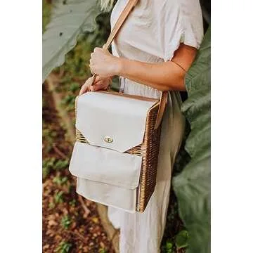 PICNIC TIME Corsica Wine and Cheese Picnic Basket - Wine Tote Bag - Gift for Wine Lovers, (Beige Canvas), 12 x 7 x 17