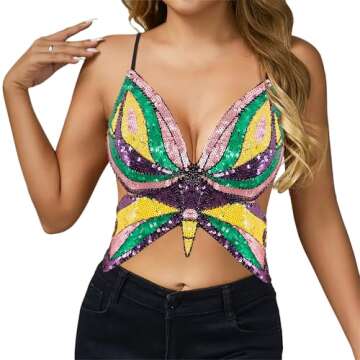 Mocure Women's Glitter Sequin Butterfly Crop Top for Party & Rave Outfits