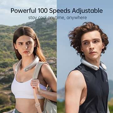 JISULIFE Portable Neck Fan Pro, 100 Speeds Bladeless, Stepless Knob, LED Display, 5000mAh Rechargeable Personal, Mini Hands Free, USB Battery Operated Wearable-Grey