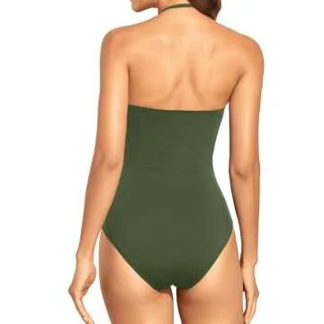 Holipick Women Army Green Bandeau One Piece Swimsuits with Tummy Control