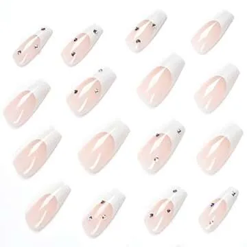 BABALAL Coffin Press on Nails Medium Fake Nails with Nail Glue Nude White French Tip Glossy Glue on Nails 24pcs Ballerina Acrylic Nails with Rhinestones Designs False Nails for Women