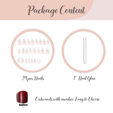 BABALAL Coffin Press on Nails Medium Fake Nails with Nail Glue Nude White French Tip Glossy Glue on Nails 24pcs Ballerina Acrylic Nails with Rhinestones Designs False Nails for Women