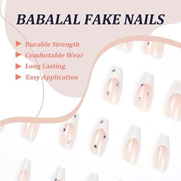 BABALAL Coffin Press on Nails Medium Fake Nails with Nail Glue Nude White French Tip Glossy Glue on Nails 24pcs Ballerina Acrylic Nails with Rhinestones Designs False Nails for Women