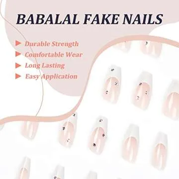 BABALAL Coffin Press on Nails Medium Fake Nails with Nail Glue Nude White French Tip Glossy Glue on Nails 24pcs Ballerina Acrylic Nails with Rhinestones Designs False Nails for Women