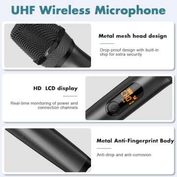 Wireless Microphones, Professional UHF Metal Dual Handheld Cordless Dynamic Mic System with Rechargeable Auto- Receiver, 160 ft Range, Microphone for Karaoke, Party Singing, Lecture, DJ, Wedding