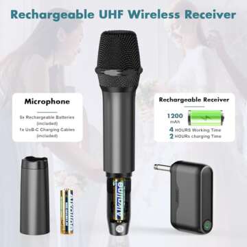 Wireless Microphones, Professional UHF Metal Dual Handheld Cordless Dynamic Mic System with Rechargeable Auto- Receiver, 160 ft Range, Microphone for Karaoke, Party Singing, Lecture, DJ, Wedding