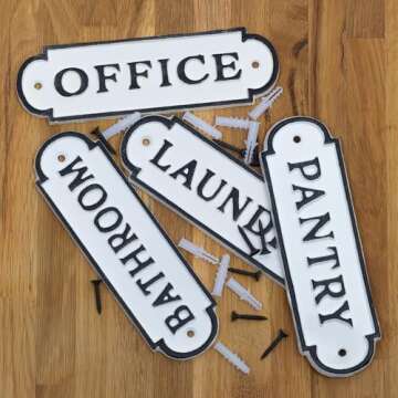 AuldHome Design Farmhouse Decor Metal Signs, Set of 4 Decorative Cast Iron Door Room Plaques w/ "Pan...