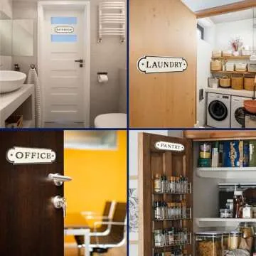 AuldHome Design Farmhouse Decor Metal Signs, Set of 4 Decorative Cast Iron Door Room Plaques w/ "Pantry", "Office", "Bathroom" and "Laundry"