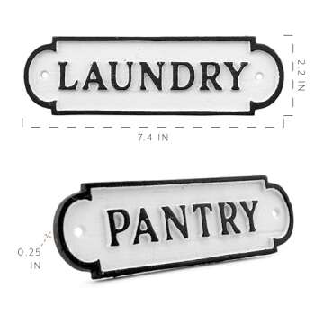 AuldHome Design Farmhouse Decor Metal Signs, Set of 4 Decorative Cast Iron Door Room Plaques w/ "Pantry", "Office", "Bathroom" and "Laundry"