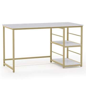Tribesigns 47 Inch Computer Desk with 2-Tier Storage Shelves, Faux Marble Modern Home Office Desk Study Table Studying Writing Desk Workstation for Home Office, White and Gold
