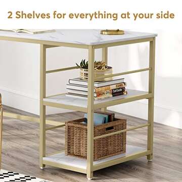 Tribesigns 47 Inch Computer Desk with 2-Tier Storage Shelves, Faux Marble Modern Home Office Desk Study Table Studying Writing Desk Workstation for Home Office, White and Gold