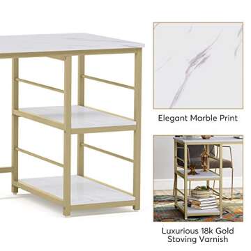 Tribesigns 47 Inch Computer Desk with 2-Tier Storage Shelves, Faux Marble Modern Home Office Desk Study Table Studying Writing Desk Workstation for Home Office, White and Gold