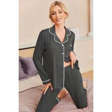 Ekouaer Pajamas Women's Long Sleeve Sleepwear Soft Button Down Loungewear Pjs Lounge Set Nightwear,Deep Flower Gray,Small
