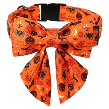 Lionet Paws Fall Halloween Dog Collar with Sailor Bow, Cute Bat Pumpkin Dog Collar for Large Dogs, A...