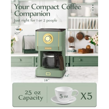 Amaste Drip Coffee Machine with 25 Oz Glass Pot, Retro Style Maker with Reusable Coffee Filter & Three Brewing Modes, 30minute-Warm-Keeping, Matcha Green