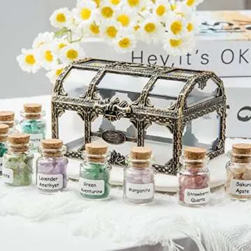 Crystal Chips Gemstone Bottles Set of Different Mini Crystals for Spell Jars, Healing Crystals for Witchcraft in Vintage Box, Chakra Crystals and Healing Stones Set Witch Gifts Witchcraft Supplies