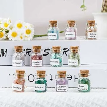 Crystal Chips Gemstone Bottles Set of Different Mini Crystals for Spell Jars, Healing Crystals for Witchcraft in Vintage Box, Chakra Crystals and Healing Stones Set Witch Gifts Witchcraft Supplies
