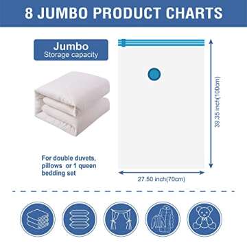 8 Jumbo Vacuum Storage Bags, Space Saver Bags Compression Storage Bags for Comforters and Blankets, Vacuum Sealer Bags for Clothes Storage, Hand Pump Included