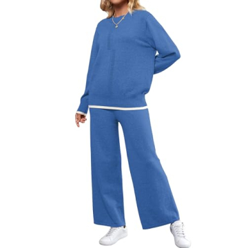 SuperPrity Lounge Sets for Women Fall Fashion 2024 Two Piece Outfits Long Sleeve Knit Top Wide Leg P...