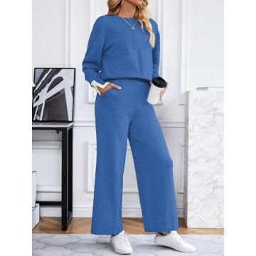 SuperPrity Lounge Sets for Women Fall Fashion 2024 Two Piece Outfits Long Sleeve Knit Top Wide Leg Pants Matching Sweater Set-S,Blue