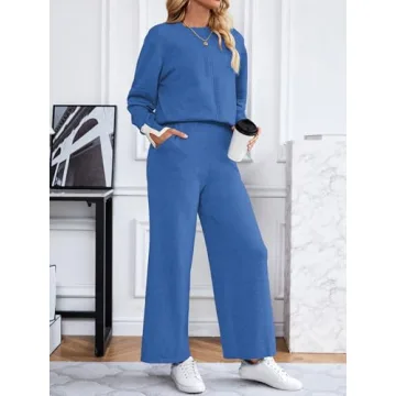 SuperPrity Lounge Sets for Women Fall Fashion 2024 Two Piece Outfits Long Sleeve Knit Top Wide Leg Pants Matching Sweater Set-S,Blue