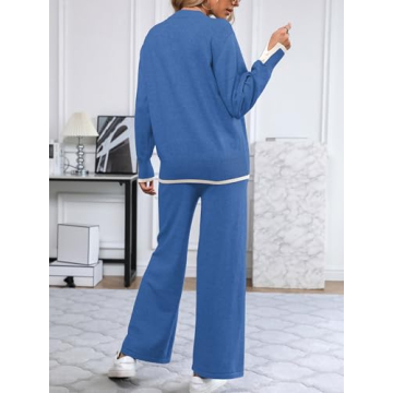 SuperPrity Lounge Sets for Women Fall Fashion 2024 Two Piece Outfits Long Sleeve Knit Top Wide Leg Pants Matching Sweater Set-S,Blue