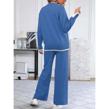 SuperPrity Lounge Sets for Women Fall Fashion 2024 Two Piece Outfits Long Sleeve Knit Top Wide Leg Pants Matching Sweater Set-S,Blue