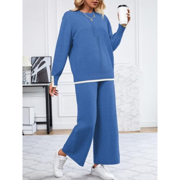 SuperPrity Lounge Sets for Women Fall Fashion 2024 Two Piece Outfits Long Sleeve Knit Top Wide Leg Pants Matching Sweater Set-S,Blue