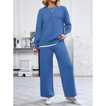 SuperPrity Lounge Sets for Women Fall Fashion 2024 Two Piece Outfits Long Sleeve Knit Top Wide Leg Pants Matching Sweater Set-S,Blue