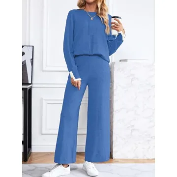 SuperPrity Lounge Sets for Women Fall Fashion 2024 Two Piece Outfits Long Sleeve Knit Top Wide Leg Pants Matching Sweater Set-S,Blue