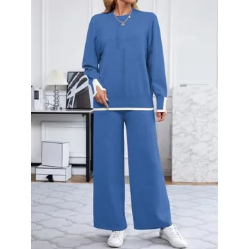 SuperPrity Lounge Sets for Women Fall Fashion 2024 Two Piece Outfits Long Sleeve Knit Top Wide Leg Pants Matching Sweater Set-S,Blue