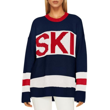 Saodimallsu Womens Color Block Oversized Sweater Ski Print Winter Trendy Crew Neck Long Sleeve Pullo...