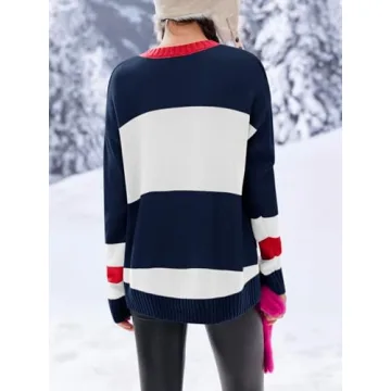 Saodimallsu Womens Color Block Oversized Sweater Ski Print Winter Trendy Crew Neck Long Sleeve Pullover Sweaters Knit Tops Navy Blue