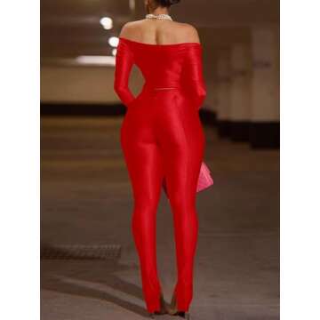 Sexy 2 Piece Outfits for Women Off Shoulder Long Sleeve Top Bodycon Pant Set Night Out Clubwears Red...