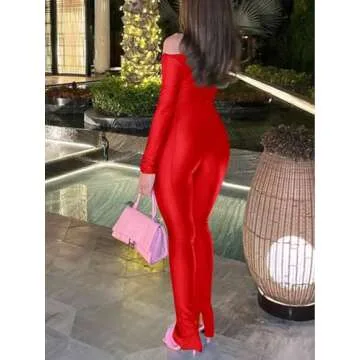 Sexy 2 Piece Outfits for Women Off Shoulder Long Sleeve Top Bodycon Pant Set Night Out Clubwears Red XS