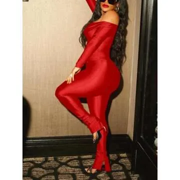 Sexy 2 Piece Outfits for Women Off Shoulder Long Sleeve Top Bodycon Pant Set Night Out Clubwears Red XS