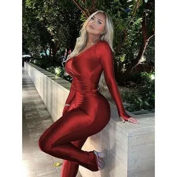 Sexy 2 Piece Outfits for Women Off Shoulder Long Sleeve Top Bodycon Pant Set Night Out Clubwears Red XS