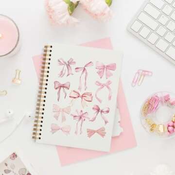PLKMN Coquette Pink Bow Notebook Journal, Preppy Notebook, Pink Aesthetic Notebook, Girly Notebook, Cute Pink Notebook, Pink Office Supplies, Spiral Notebook 5.5x8.3 Inch