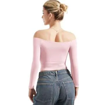 SUUKSESS Women Off The Shoulder Double Lined Long Sleeve Shirts Fitted Y2k Basic Going Out Tops (Blush, XS)