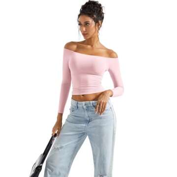 SUUKSESS Women Off The Shoulder Double Lined Long Sleeve Shirts Fitted Y2k Basic Going Out Tops (Blush, XS)