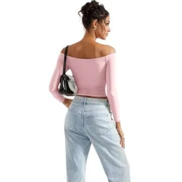 SUUKSESS Women Off The Shoulder Double Lined Long Sleeve Shirts Fitted Y2k Basic Going Out Tops (Blush, XS)