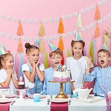 Tudomro 2 Pcs Groovy Boho Daisy Garland with 20 Pcs Paper Tassels, Hippie Felt Banner Artificial Par...