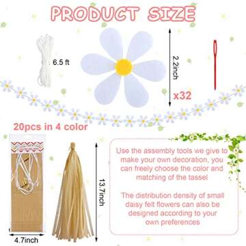 Tudomro 2 Pcs Groovy Boho Daisy Garland with 20 Pcs Paper Tassels, Hippie Felt Banner Artificial Party Decorations for Wedding Birthday Party