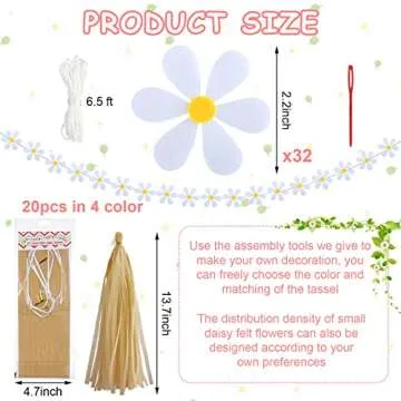 Tudomro 2 Pcs Groovy Boho Daisy Garland with 20 Pcs Paper Tassels, Hippie Felt Banner Artificial Party Decorations for Wedding Birthday Party