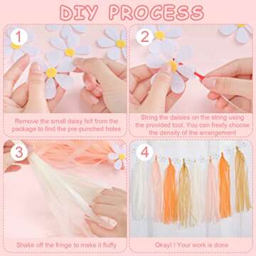 Tudomro 2 Pcs Groovy Boho Daisy Garland with 20 Pcs Paper Tassels, Hippie Felt Banner Artificial Party Decorations for Wedding Birthday Party
