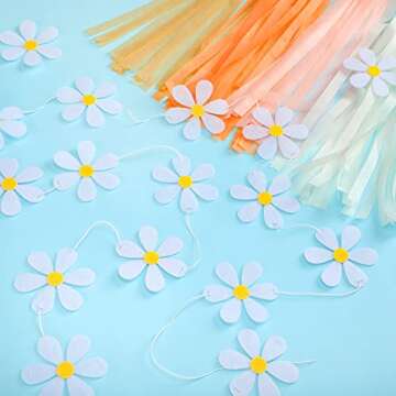 Tudomro 2 Pcs Groovy Boho Daisy Garland with 20 Pcs Paper Tassels, Hippie Felt Banner Artificial Party Decorations for Wedding Birthday Party