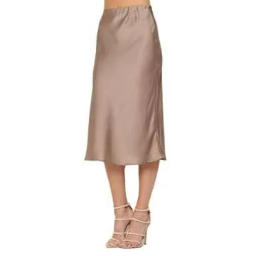 Women Solid High Waist Silky Casual Elastic Satin Midi Skirt - Made in USA(Small,Coffee)