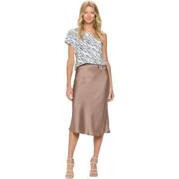 Women Solid High Waist Silky Casual Elastic Satin Midi Skirt - Made in USA(Small,Coffee)
