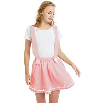 futurino Women's Sweet Cat Paw Embroidery Pleated Mini Skirt with 2 Suspender (XS/S, Pink)